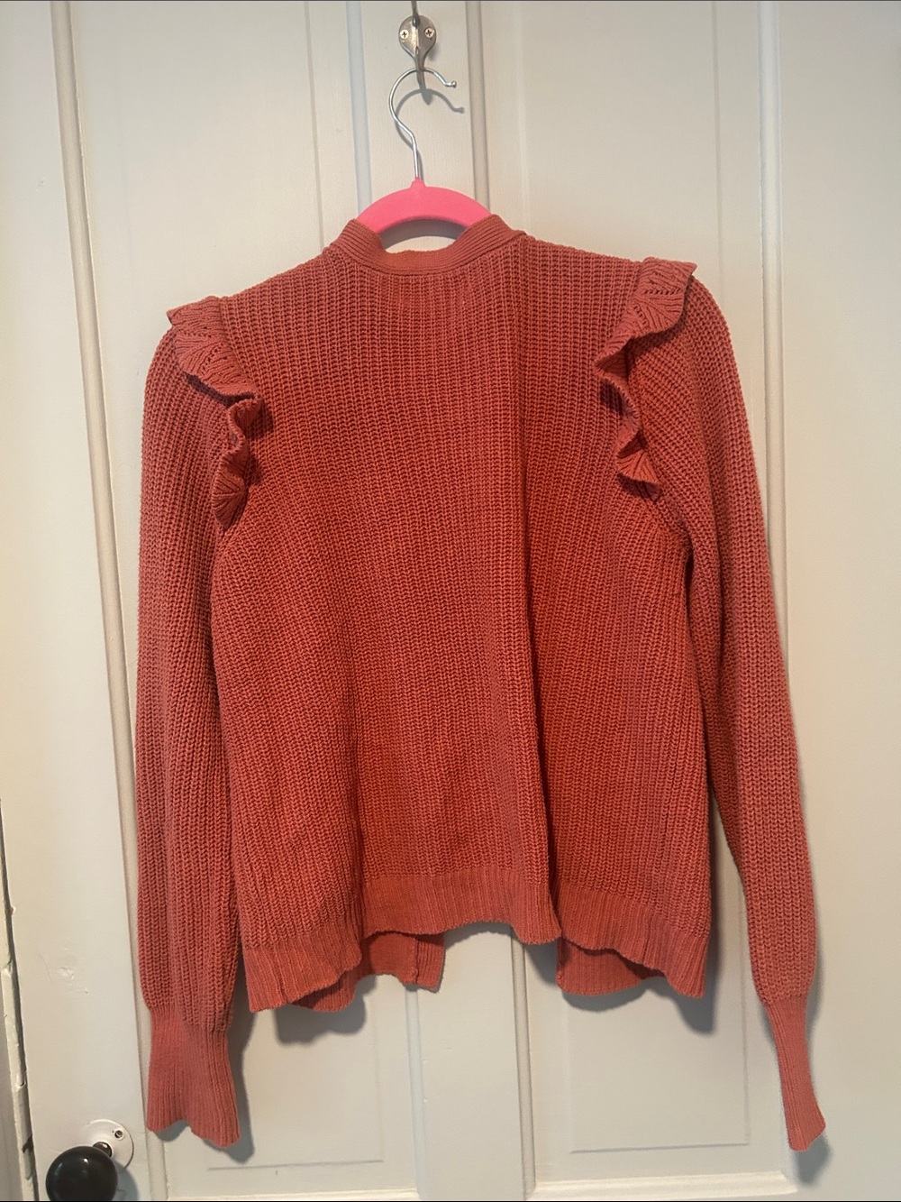 Open-Front Ruffle Shoulder Cardigan Sweater - Rust - Picture 4 of 4